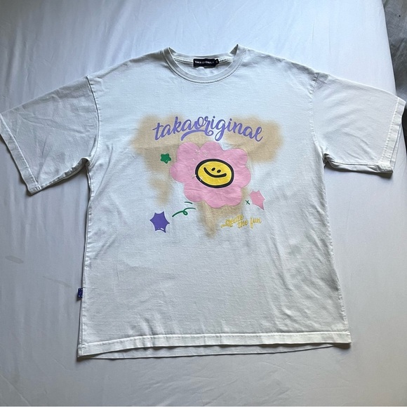 TAKA ORIGINALS off white graphic boxy knit crew neck short sleeve T-shirt